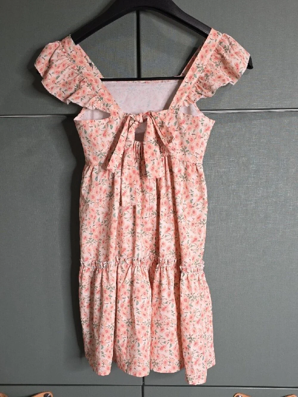 876. Grace Karin Peach Pink Ditsy Floral Flutter Sleeve Tiered Dress - Size 7Y